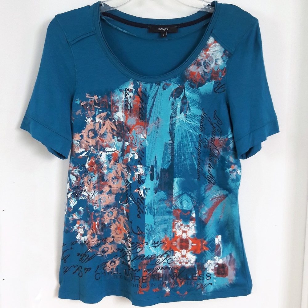 Bonita Blouse Graphic Tee T-Shirt Chill More Think Less Turquoise Blue S